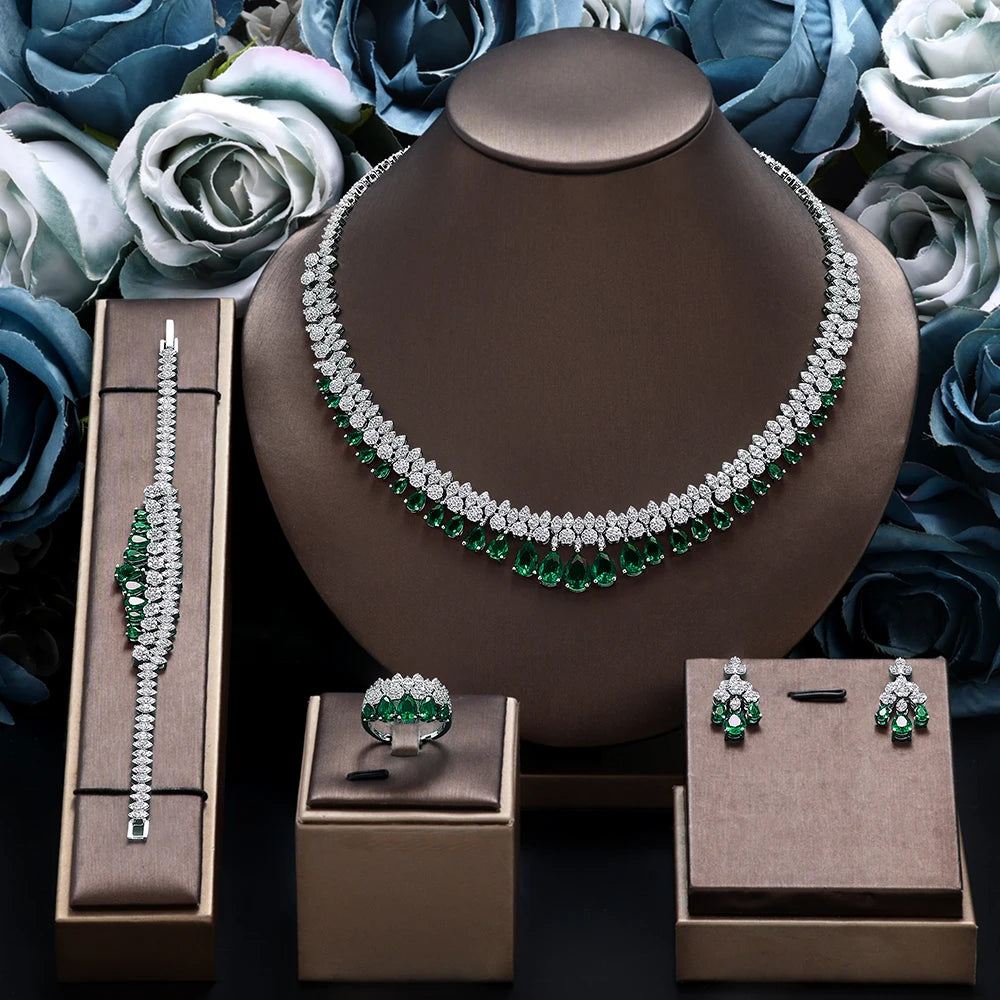 Luxury White Cubic Zirconia Bridal Jewelry Set Brides Accessories Tassel Water Drop Necklace Earring 4pcs Set for Wedding Party